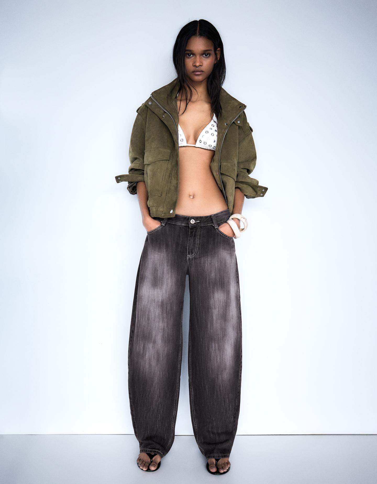 Bershka Jeans Baggy Fit Barrel Fit Vita Bassa Donna 44 (Eur 40) Grigio