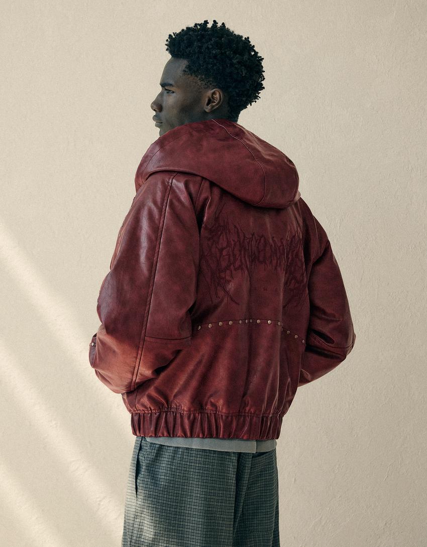 Studded leather effect jacket-Maroon