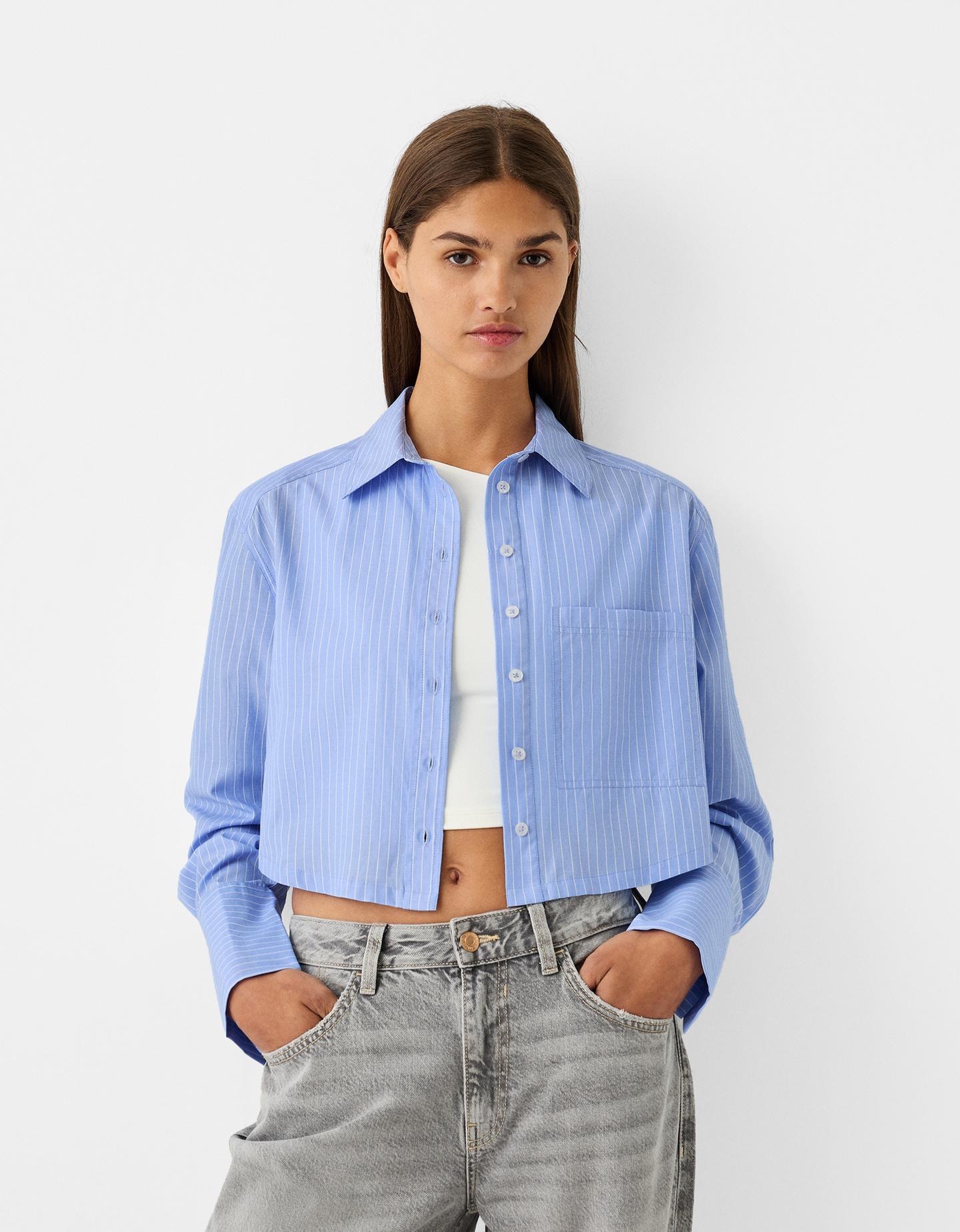 Bershka Camicia Cropped Popeline Tasca Donna M Azzurro Chiaro