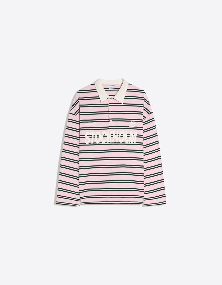 Printed polo collar long sleeve T-shirt-Pink