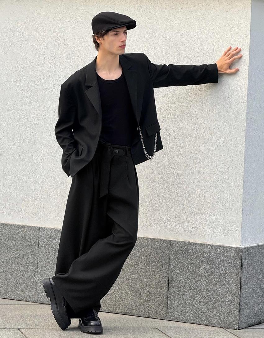 Calças barrel fit tailored fit com cinto-Preto