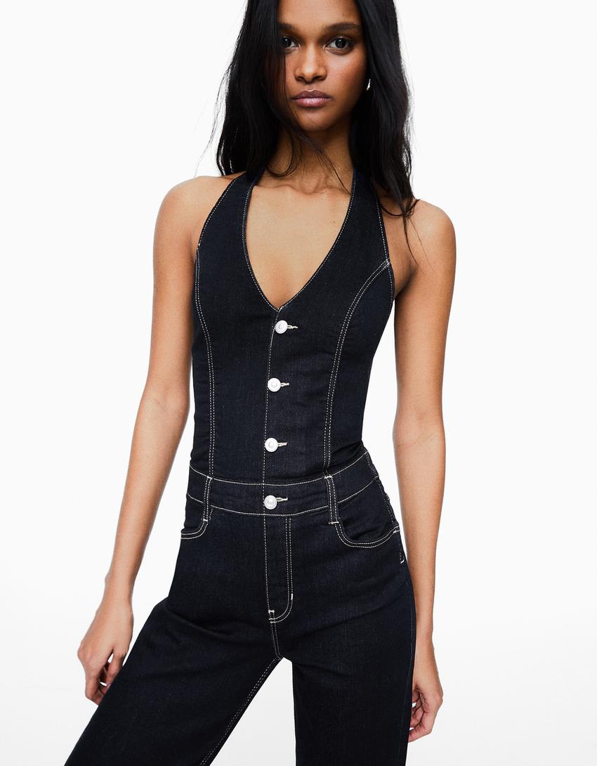 Tuta lunga in denim-Marino