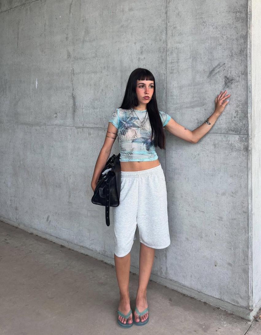 Plush Bermuda shorts with embroidery-Grey