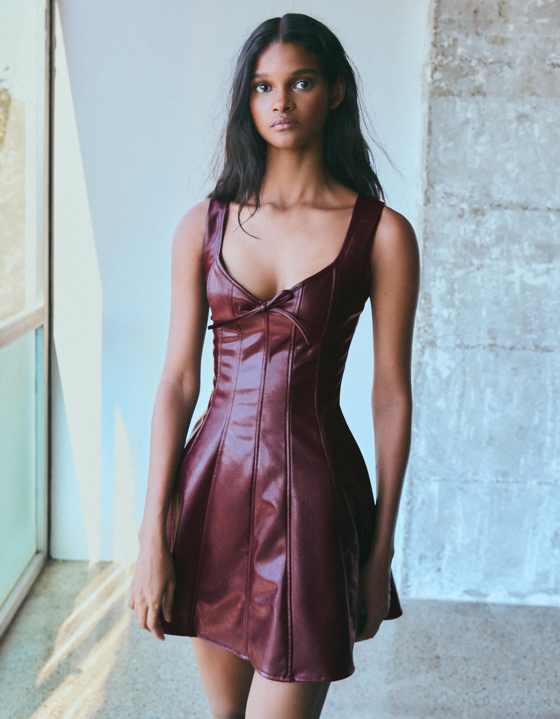 Faux leather sweetheart neckline strappy mini dress - Women
