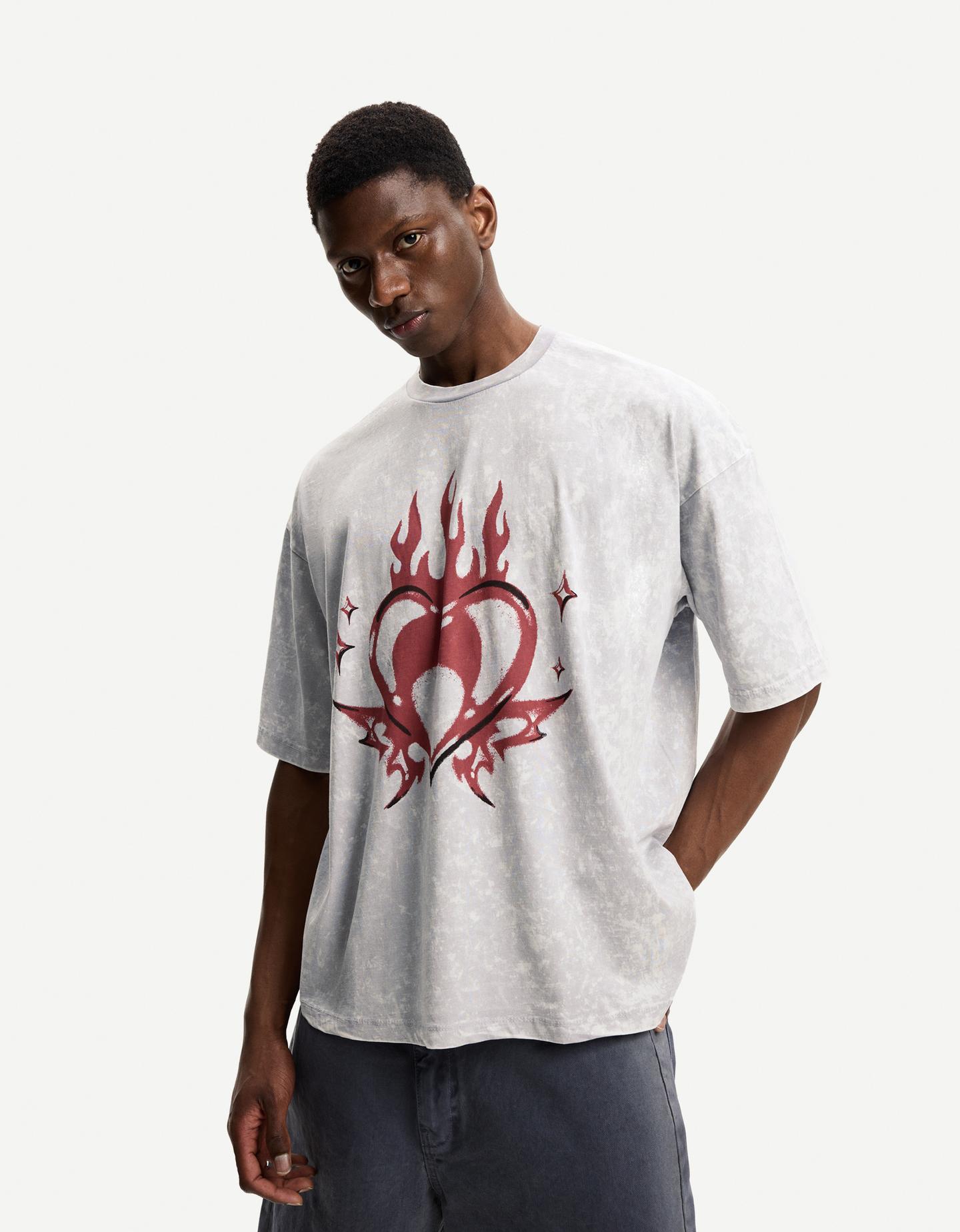 Bershka Camiseta Oversize Manga Corta Print Hombre L Gris