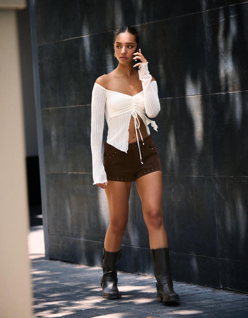 Rustic gathered knit sweater-Cream