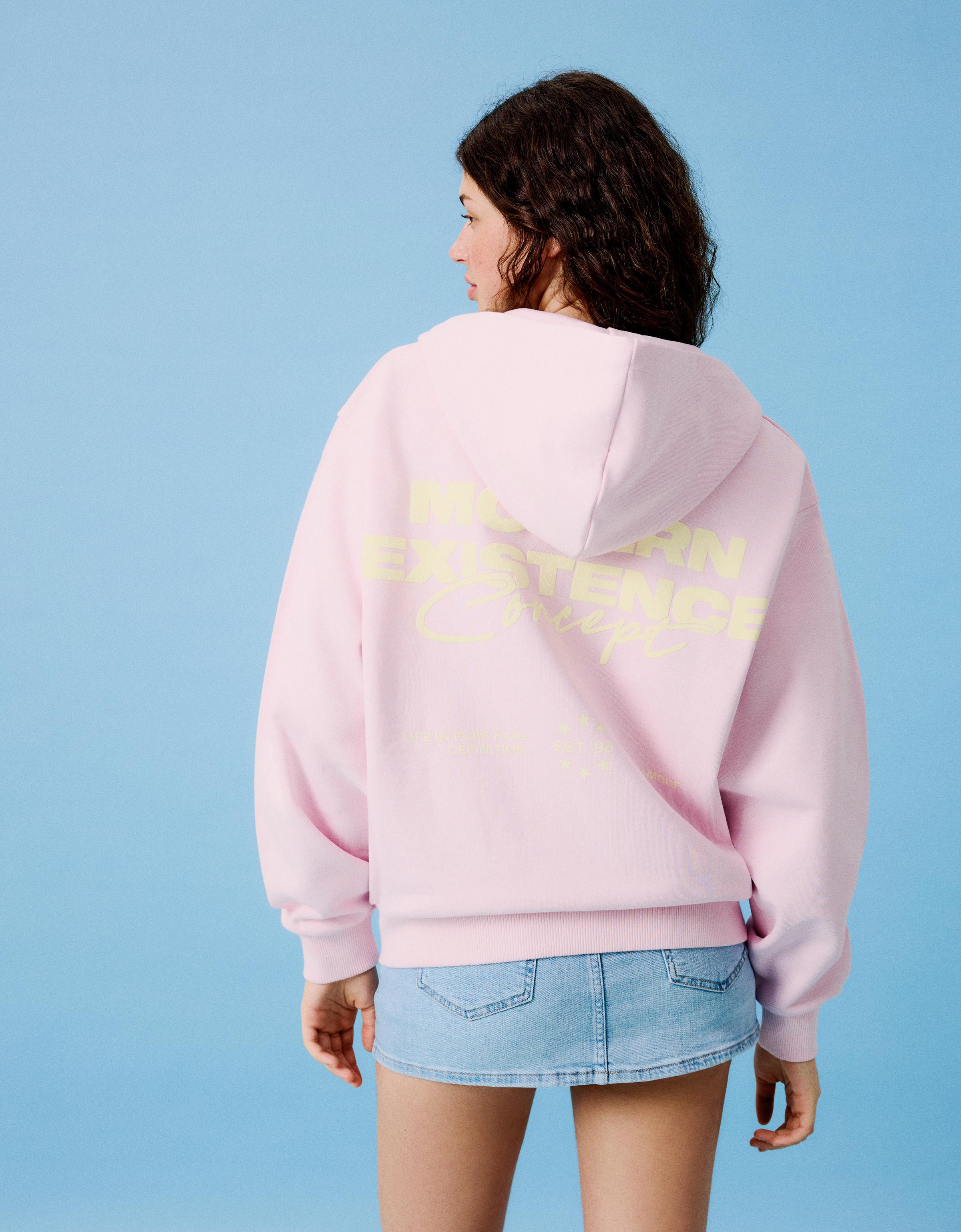Oversize zip-up hoody with print — Pink