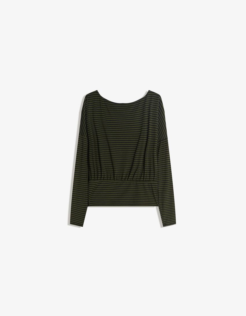 Striped long sleeve T-shirt with sash-Khaki