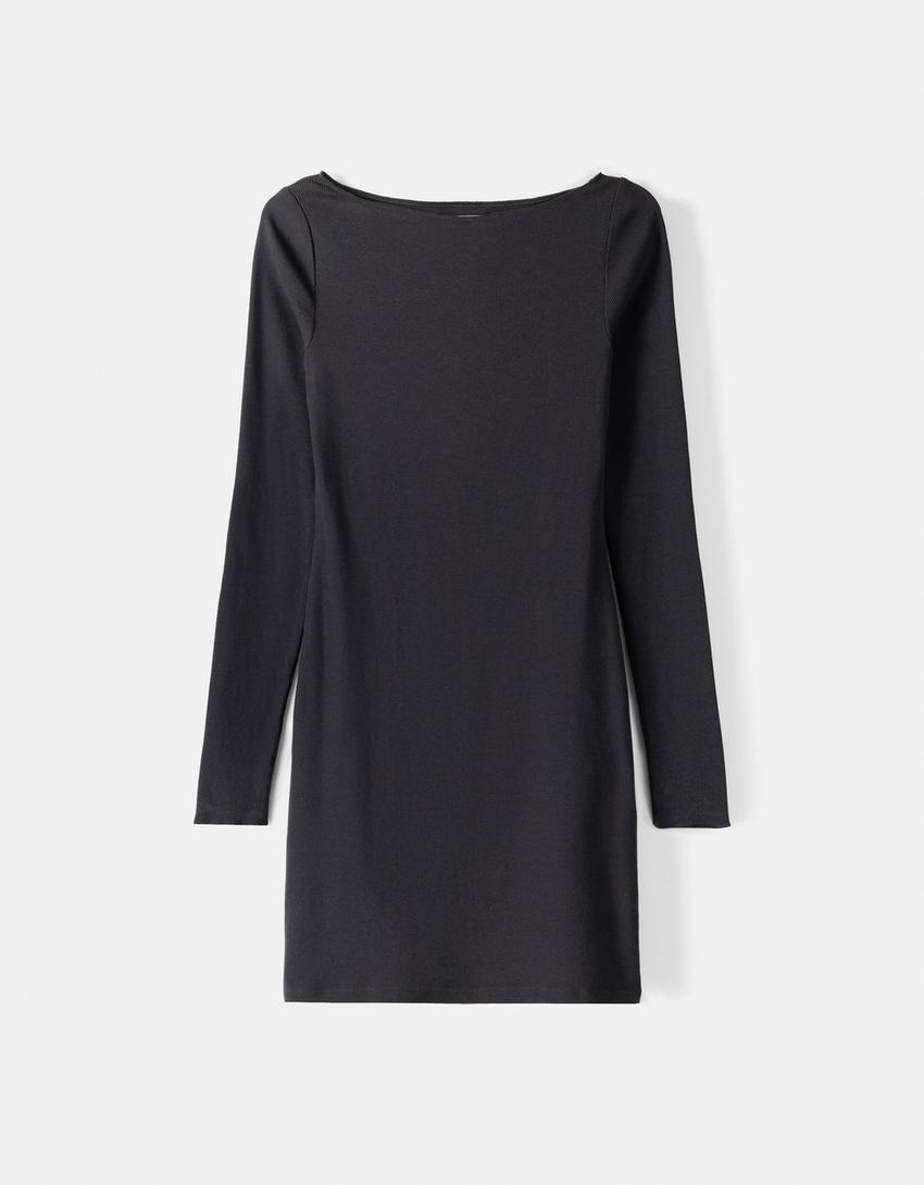 فستان ميدي محاك ومضلع بأكمام طويلة وياقة بوت-رمادي داكن-4