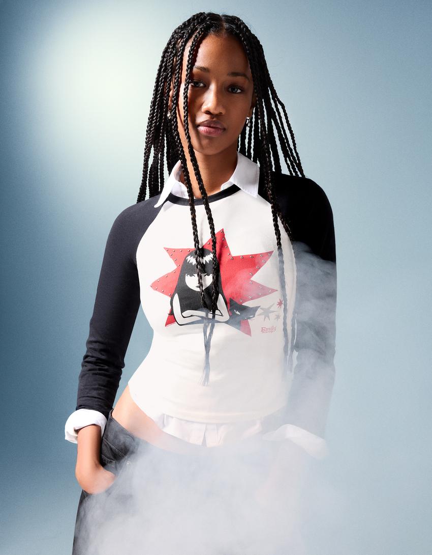 Camiseta Emily the Strange manga larga print-Blanco roto