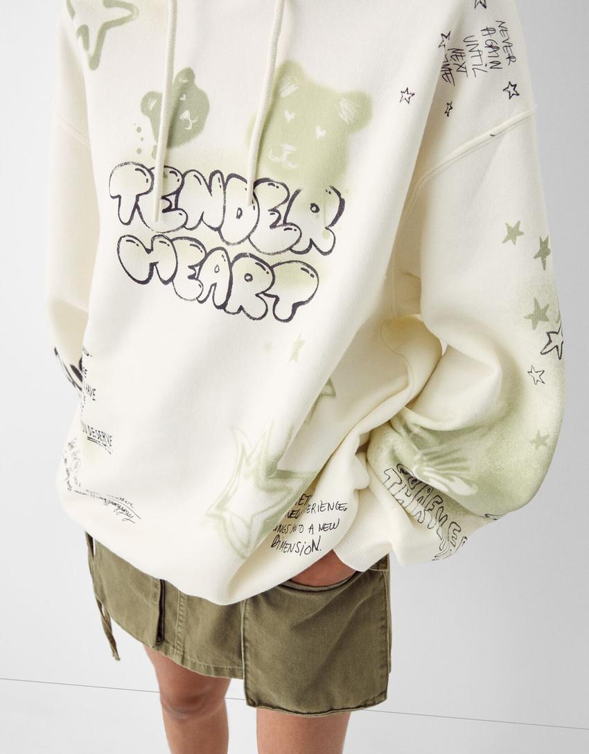 Printed hoodie-Cream