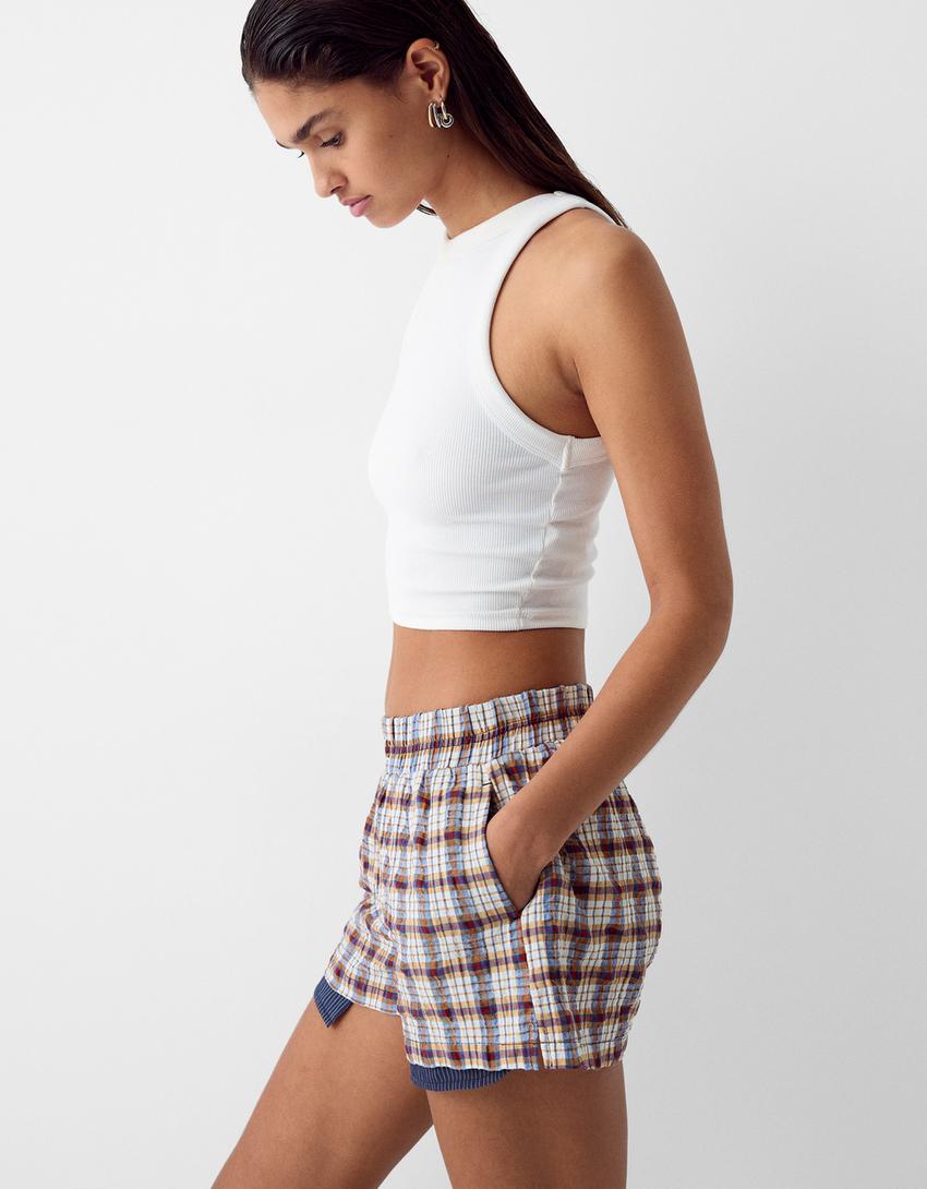 شورت بطبعة مربعات-أزرق-3