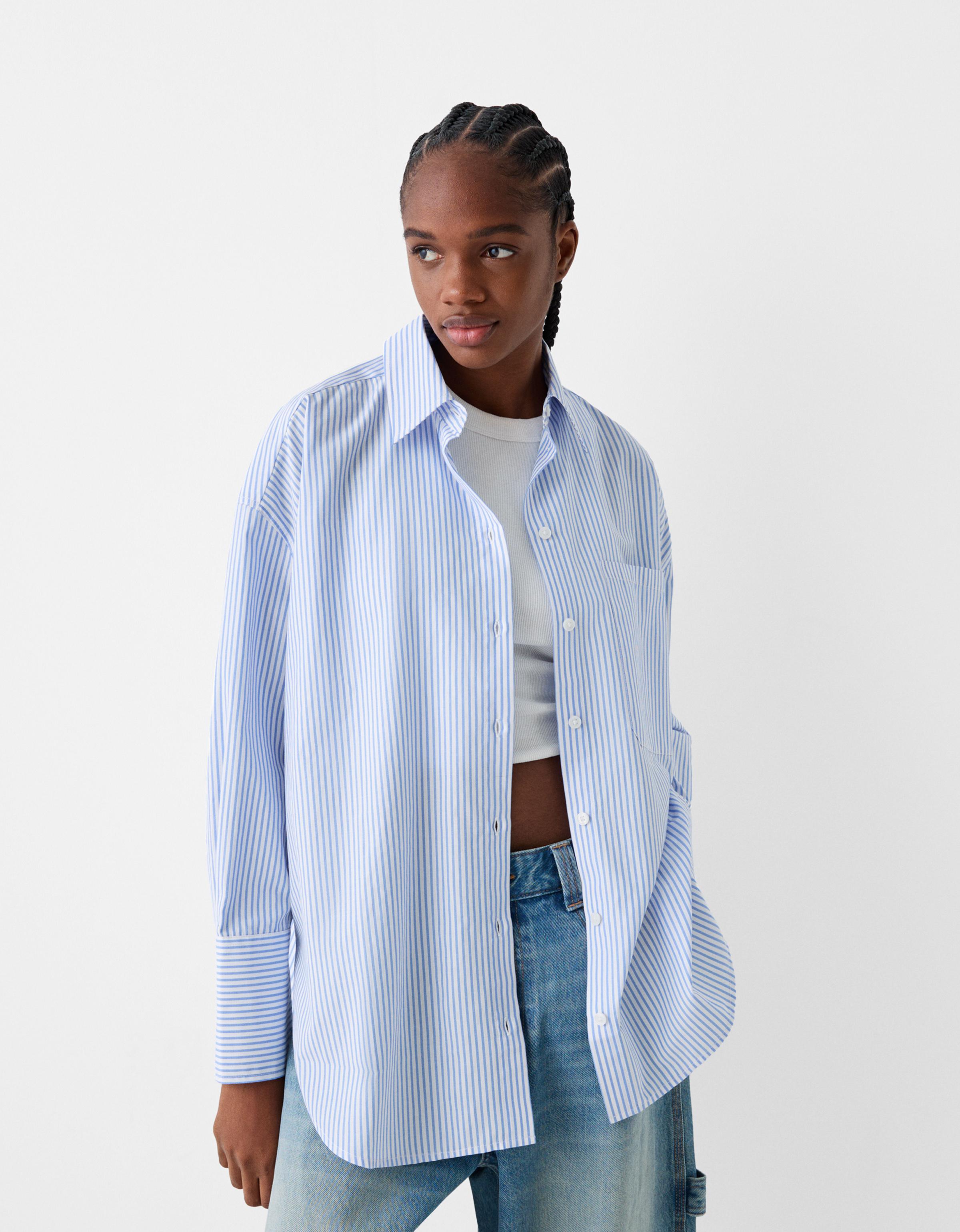 Bershka Oversize-Hemd Mit Langen Ärmeln Und Streifen Damen Xs Hellblau