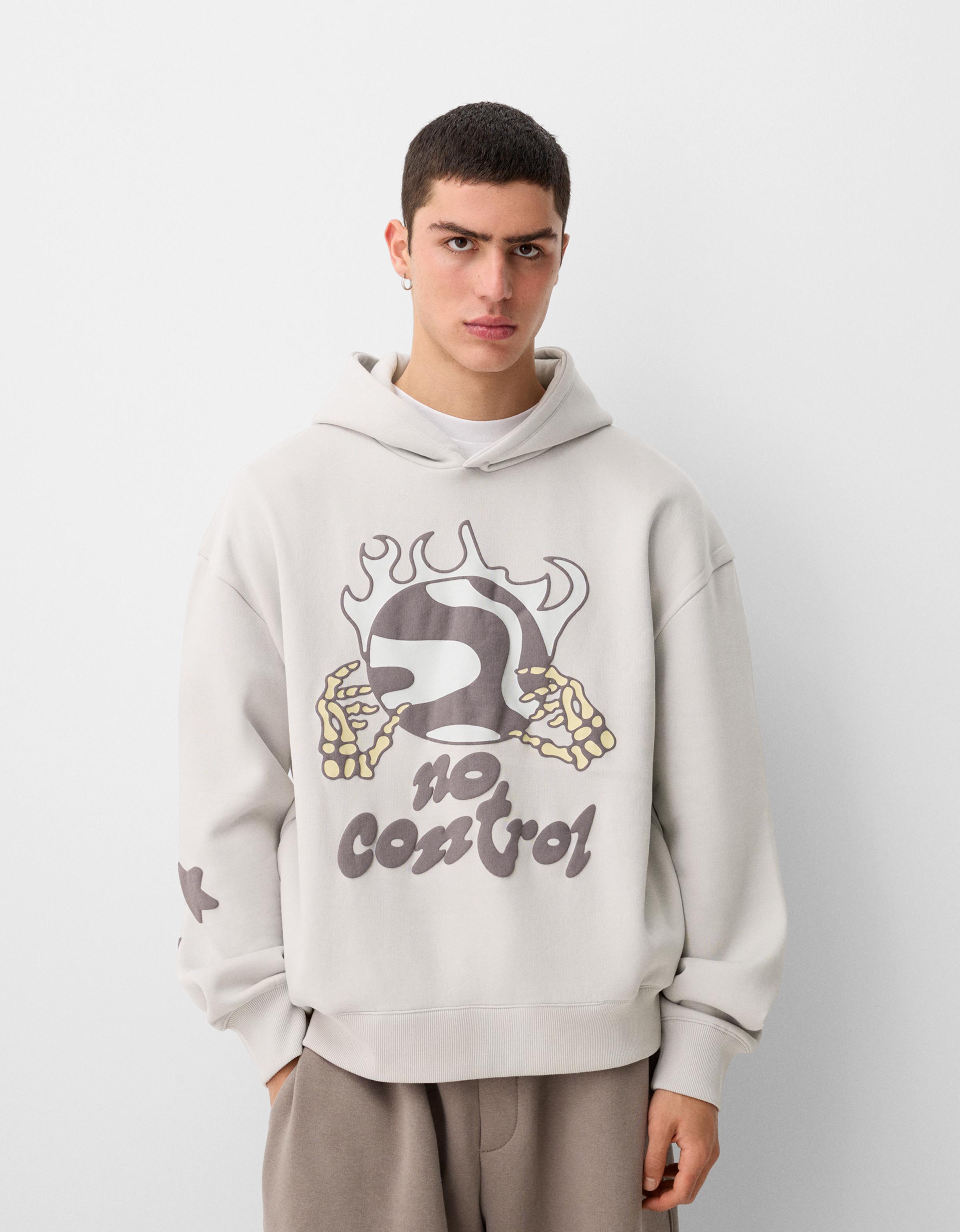 Bershka Bedruckter Oversize-Hoodie Herren L Grau