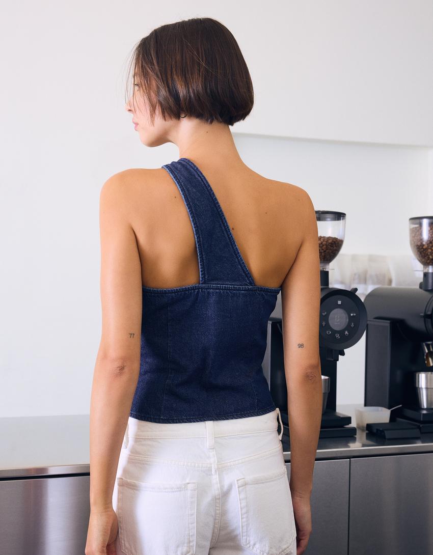 Asymmetric denim top-Navy