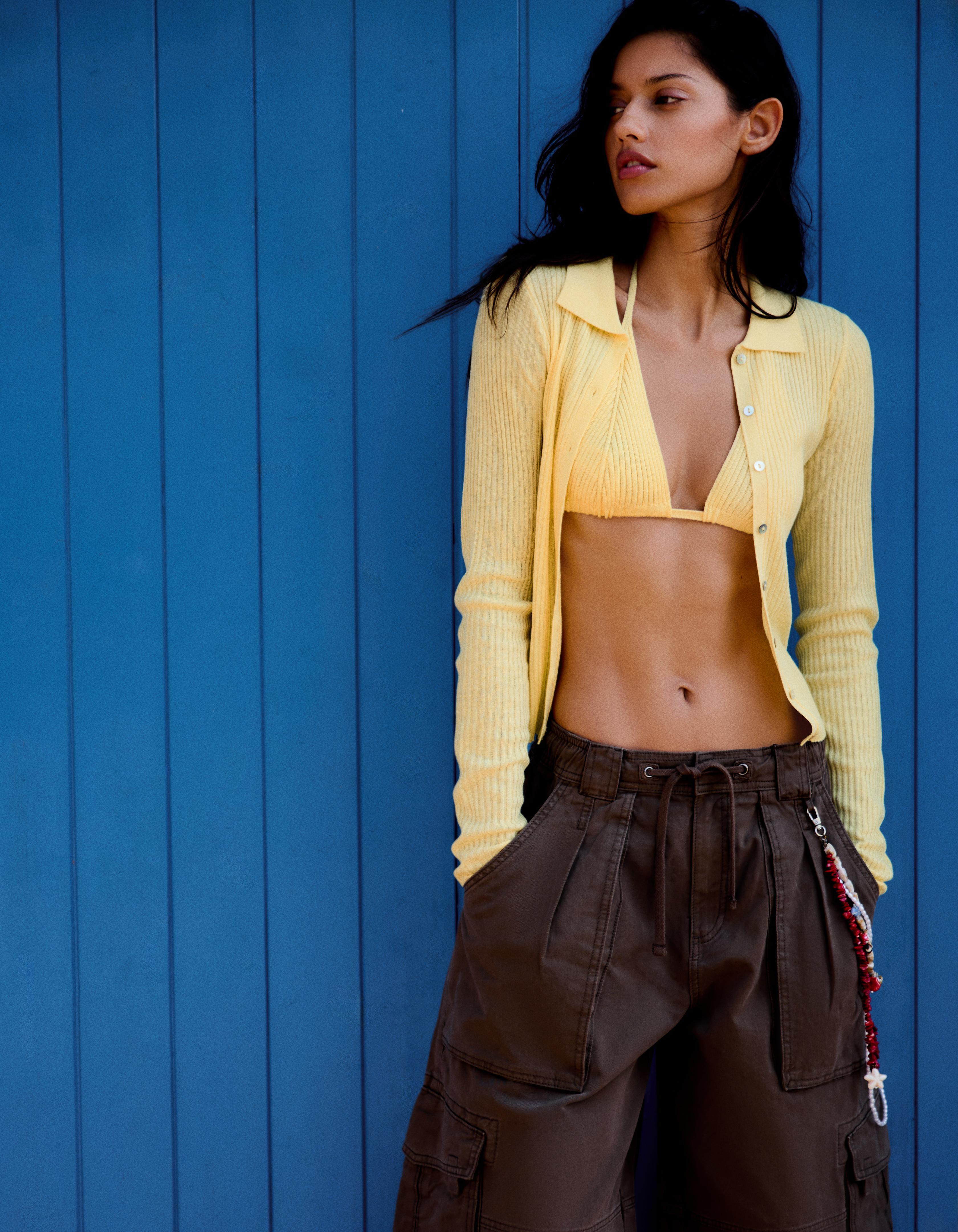 Bershka Chaqueta Punto Fino Cuello Polo Mujer Amarillo