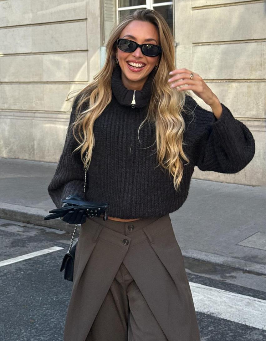 Cardigan con cerniera e collo alto-Marrone