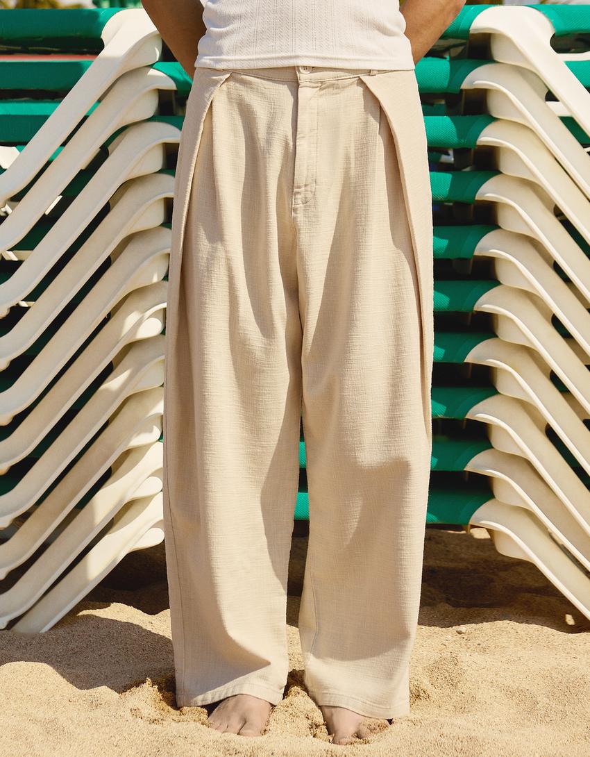 Pileli barrel fit pantolon-Kum rengi