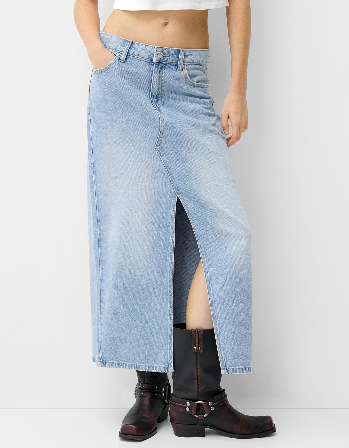 Bershka Langer Jeansrock Damen 36 Ausgewaschenes Blau günstig online kaufen