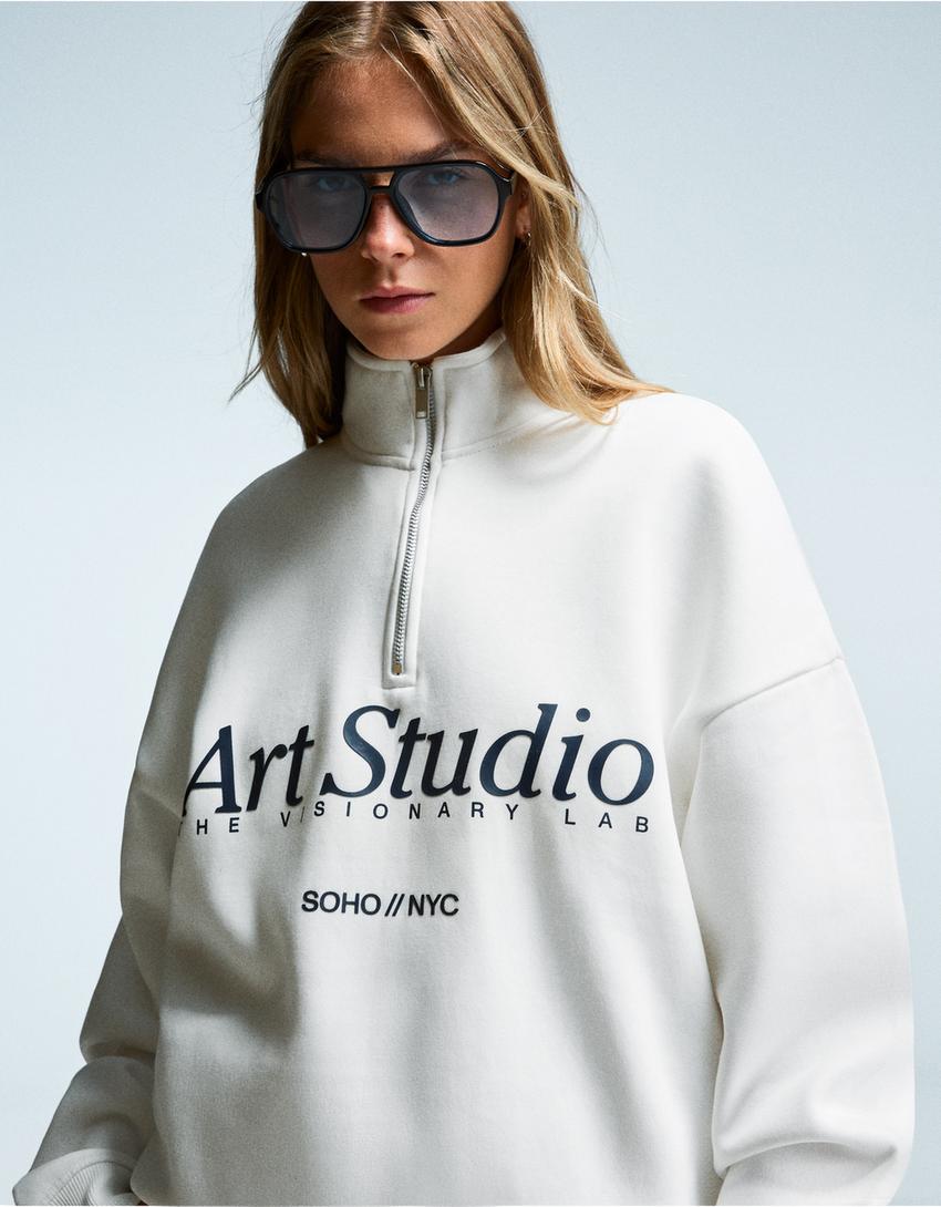 Printed quarter-zip sweatshirt-White