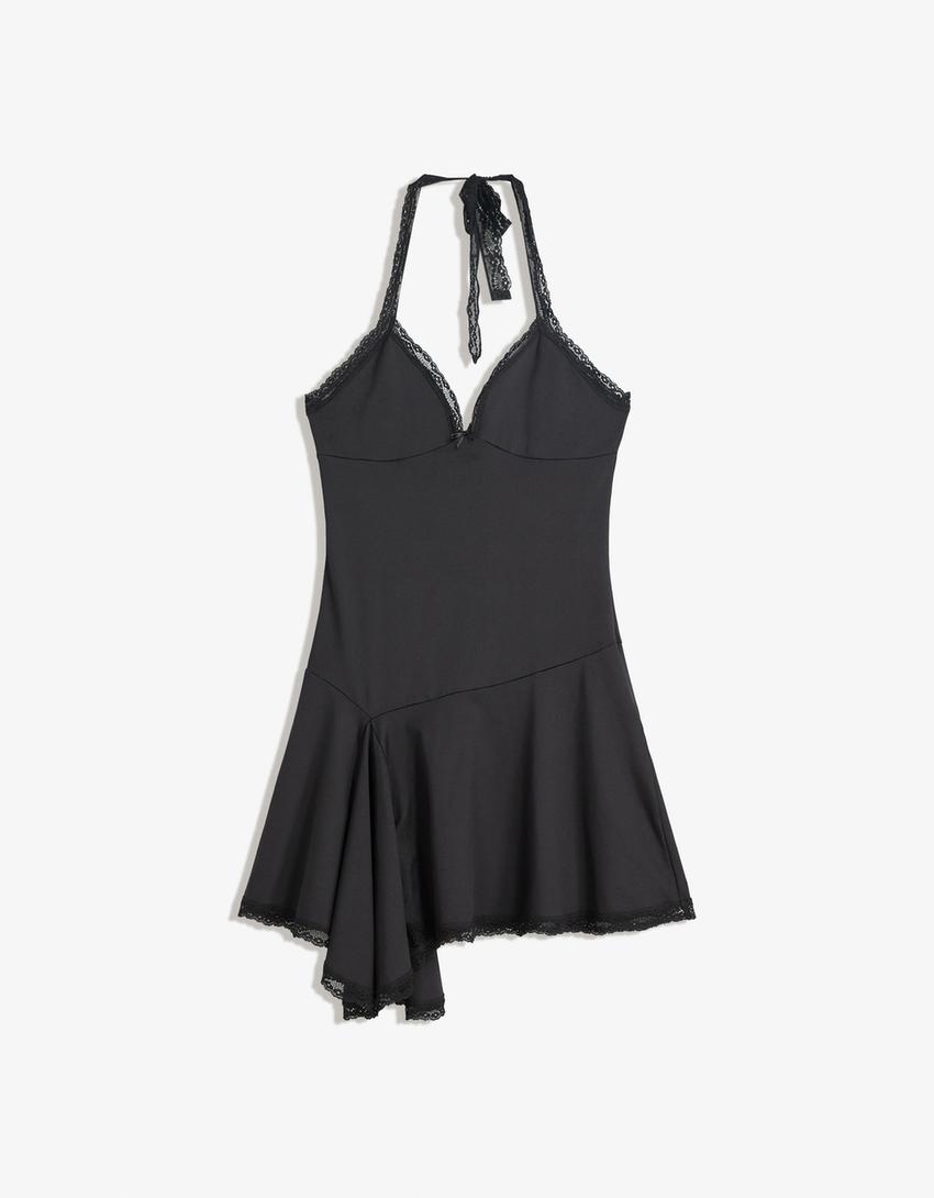 Mini-Trägerkleid mit Spitze-Schwarz-0