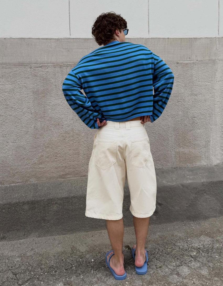 Pull boxy fit rayures brodé-Bleu