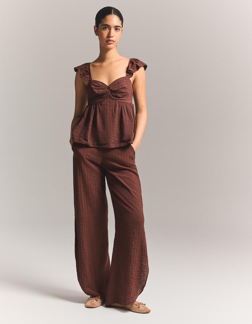 Shirred strap top-Brown