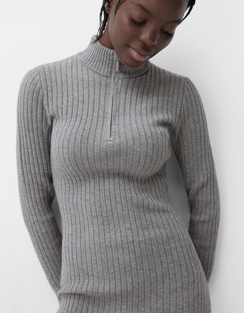 Vestito mini a coste con cerniera-Grigio scuro-3