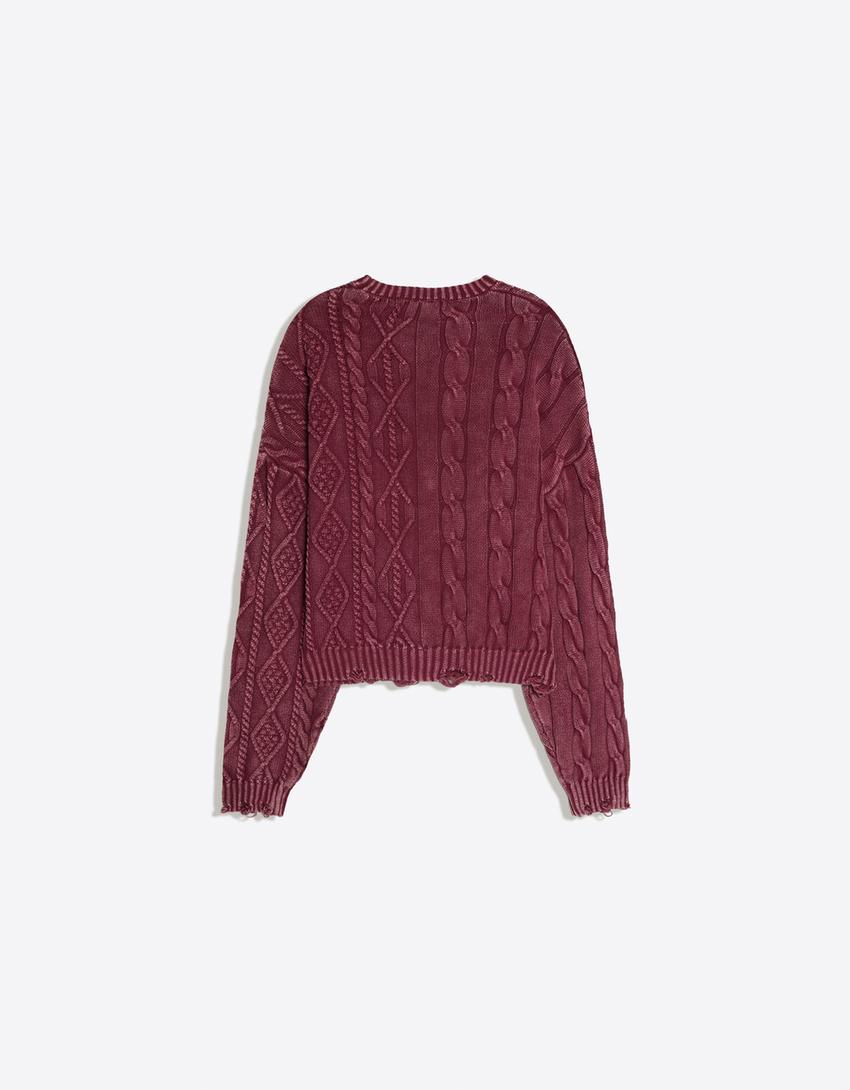Zopfstrickpullover in Washed-Optik-Granatrot