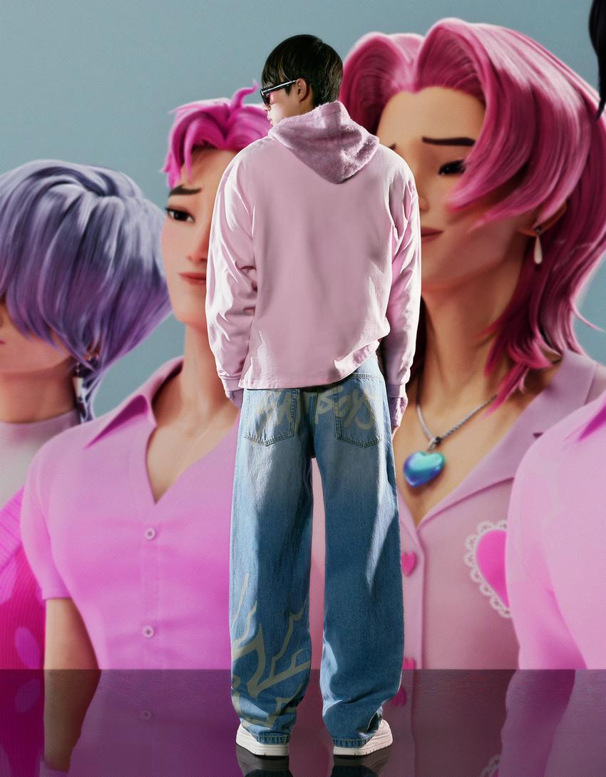 جينز بطبعة K-Pop Demon Hunters Saja Boys الواسع-أزرق