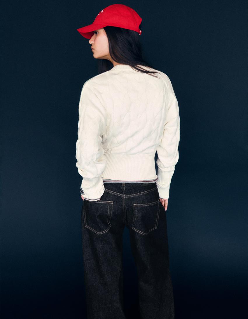 Cable-knit crew neck sweater-Cream