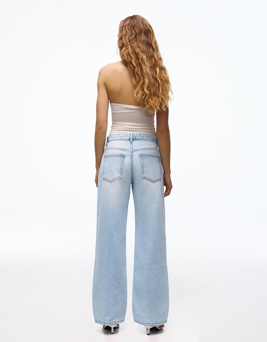 Wide-leg crossover waist jeans-Light blue