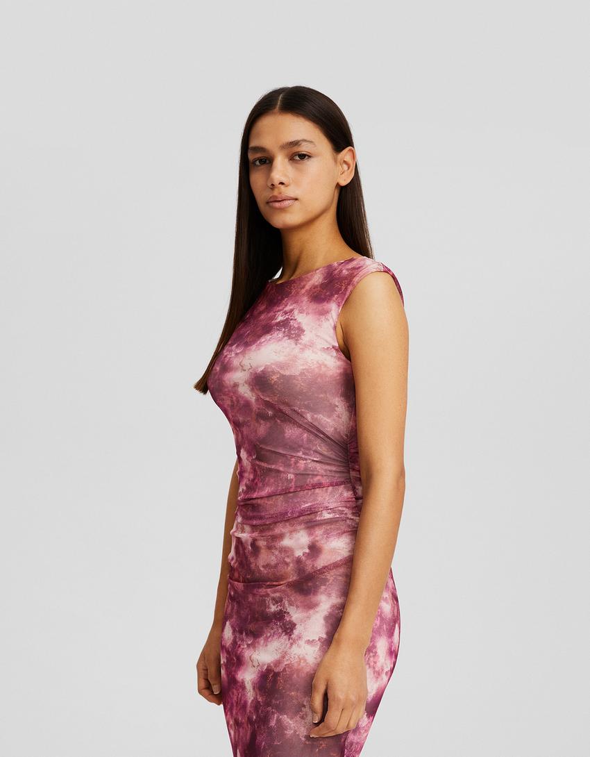 Short sleeve gathered tulle print midi dress-Pink-1