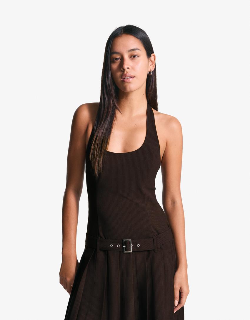 Halter mini dress with belt-Brown