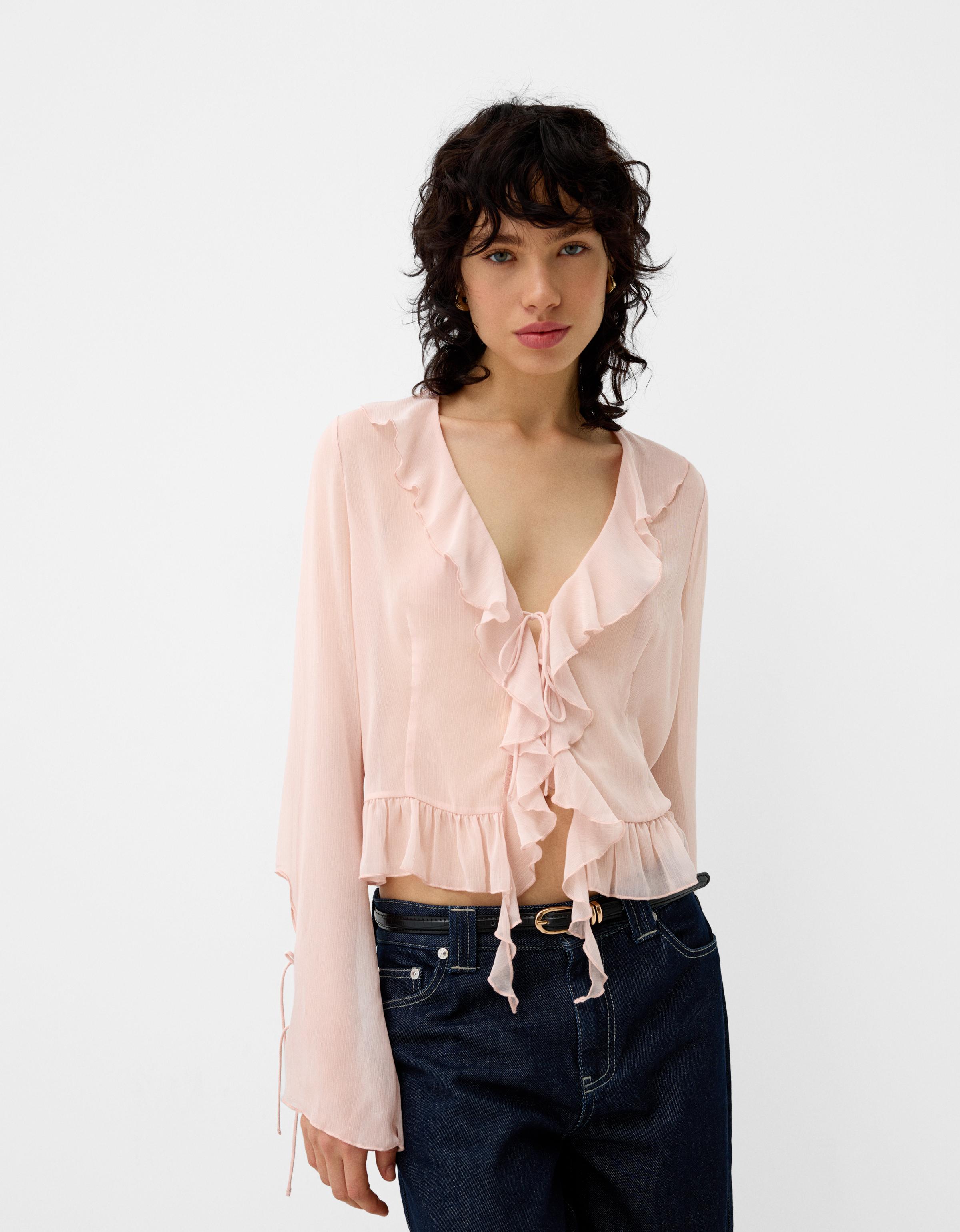 Bershka Hemd Mit Langen Ärmeln Und Volants Aus Chiffon Damen M Rosa