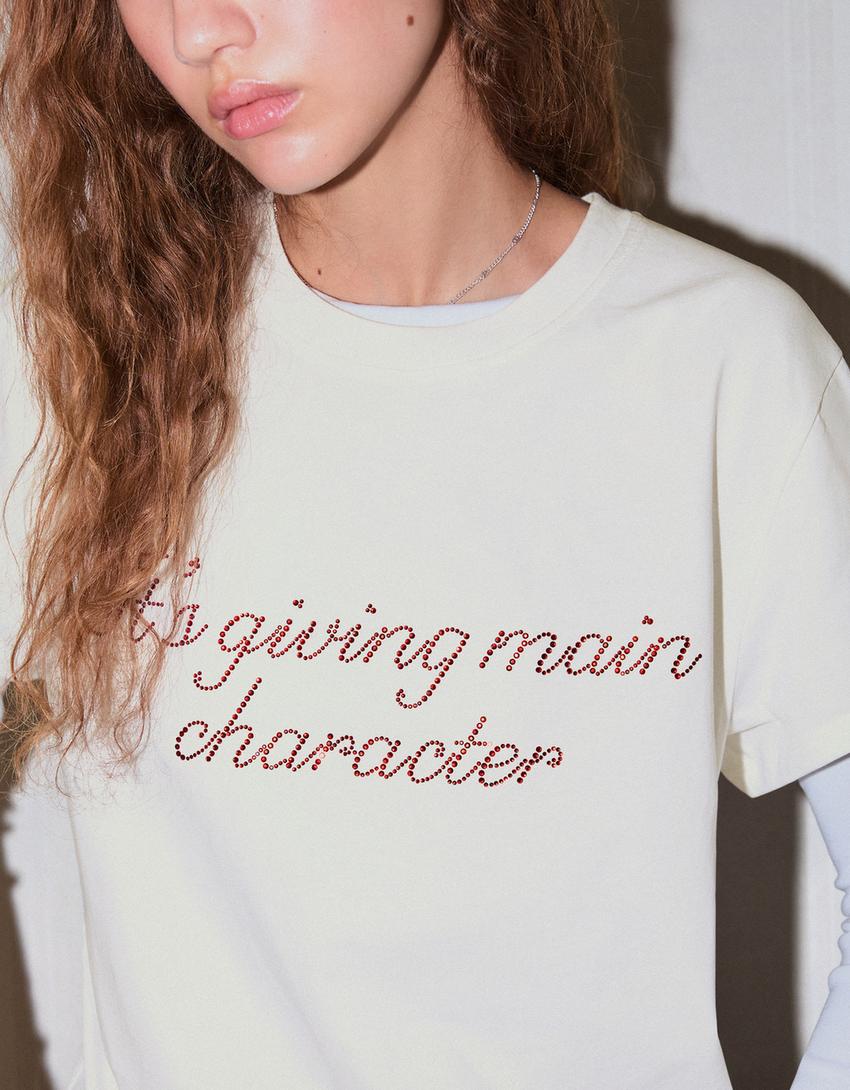 Camiseta manga corta print strass-Blanco roto