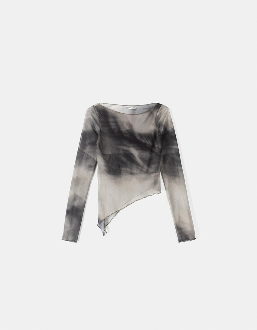 Long sleeve tulle print T-shirt-Dark grey-4