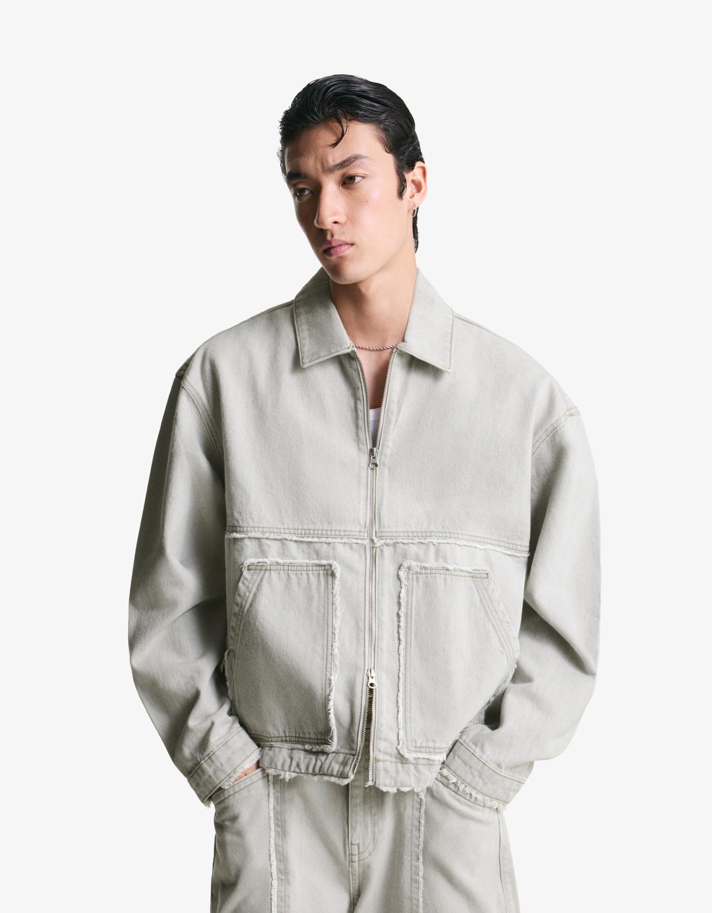 Bershka Cazadora Denim Flecos Hombre L Gris