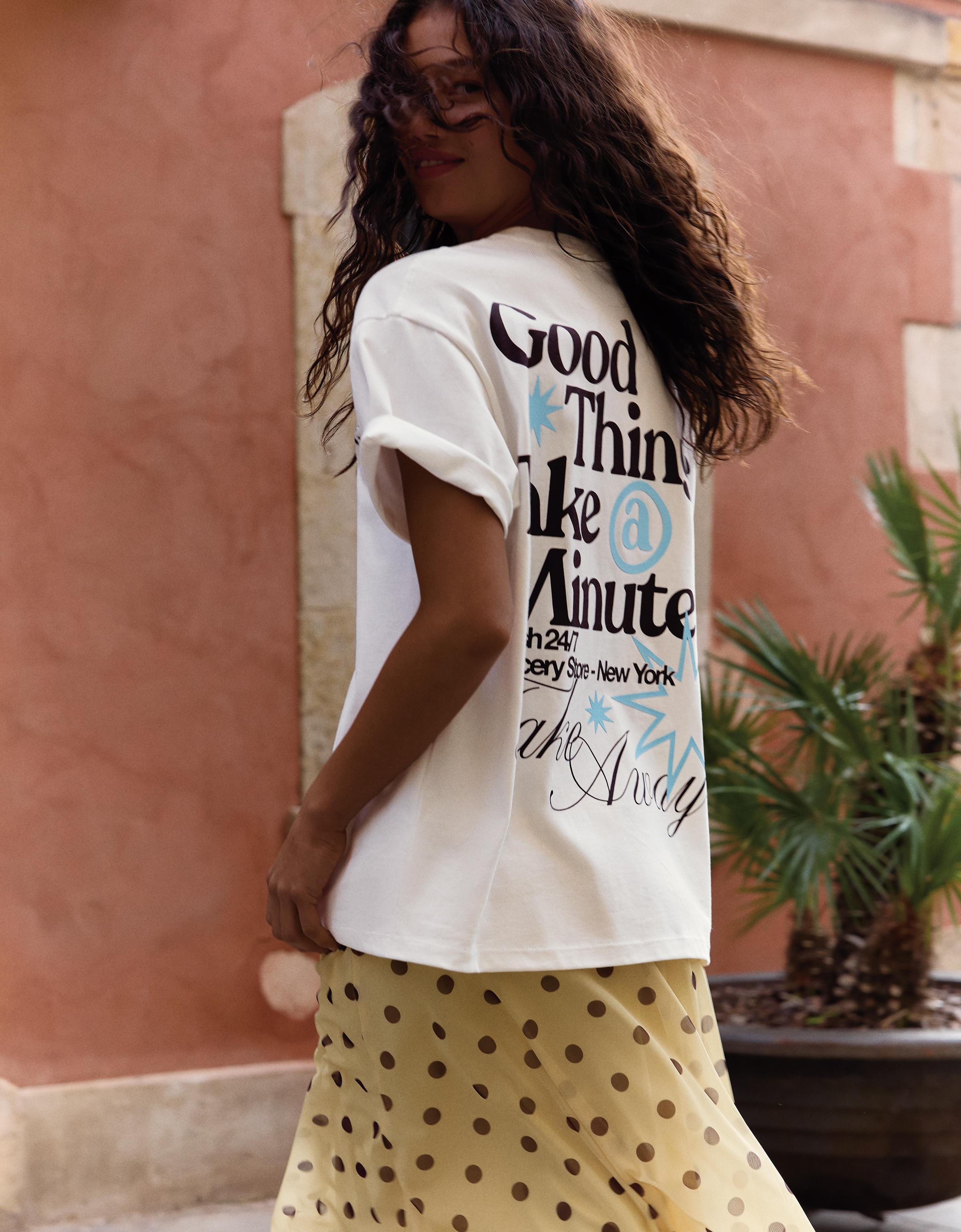 Bershka Camiseta Manga Corta Print Mujer Blanco Roto