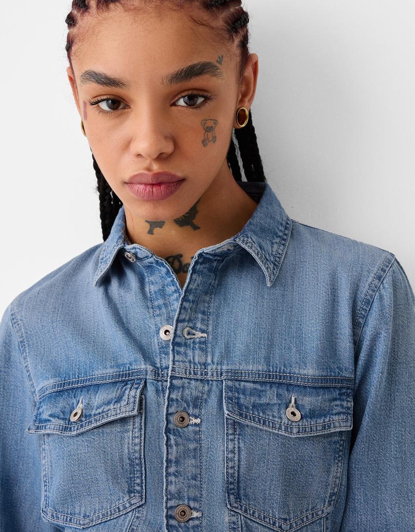 Cepli denim gömlek-Açık mavi-2