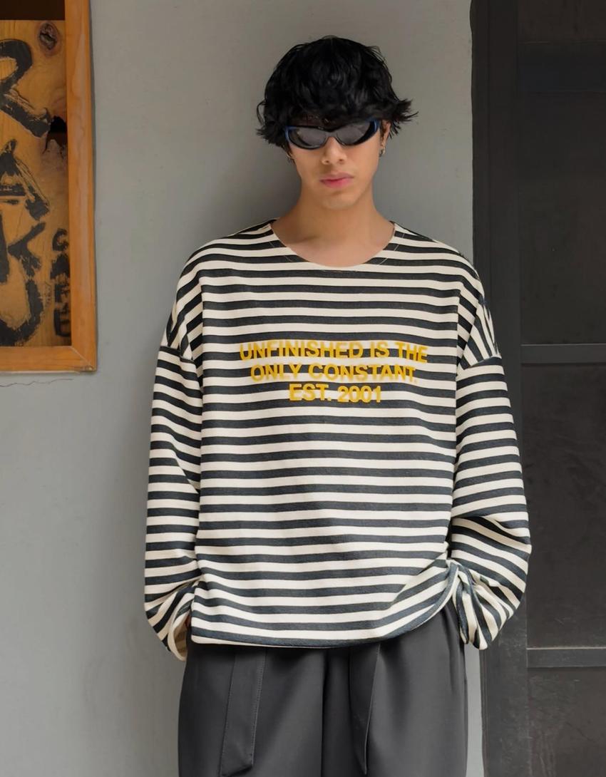 Striped crew neck sweatshirt-Navy