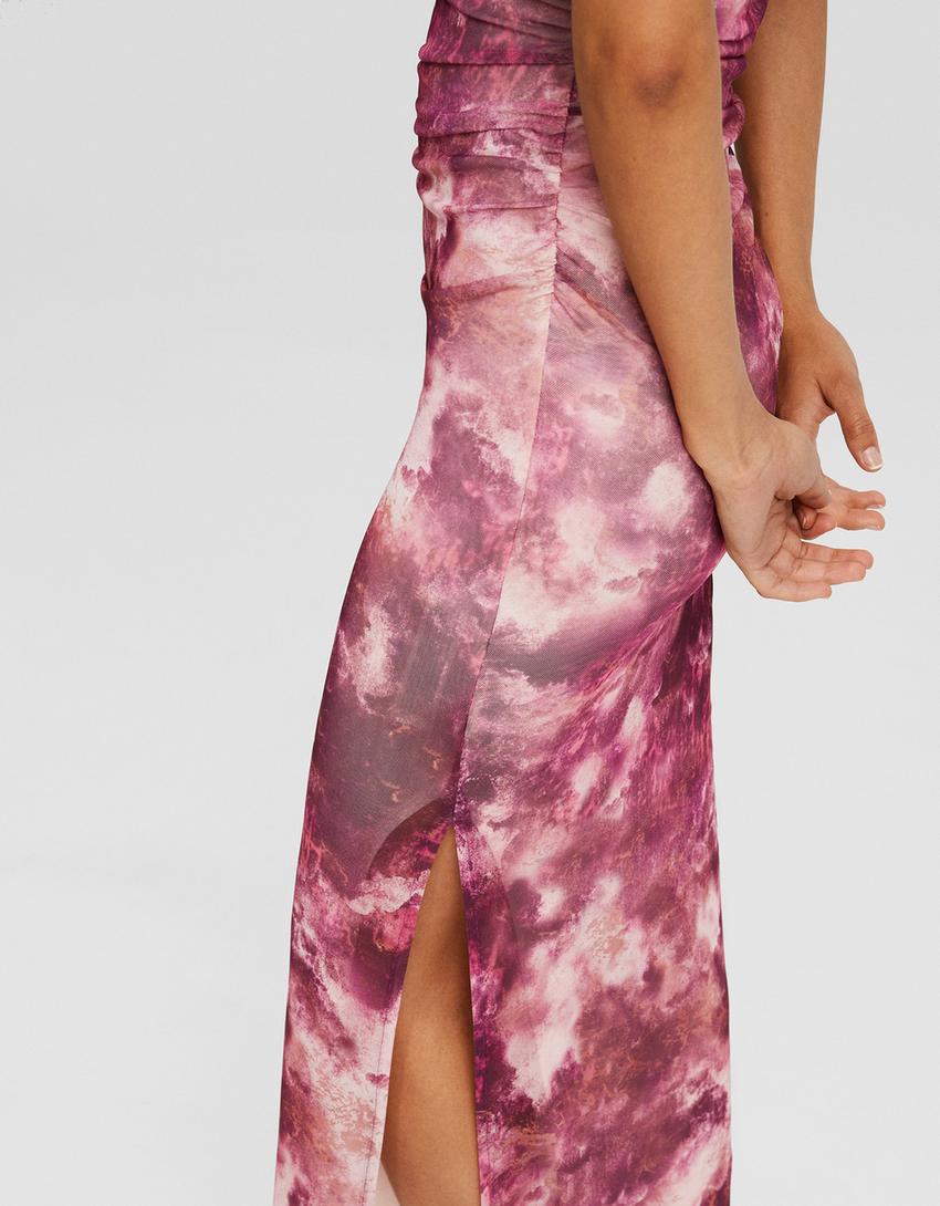 Short sleeve gathered tulle print midi dress-Pink-3