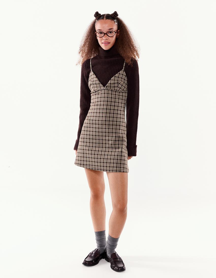 Robe courte à carreaux-Marron