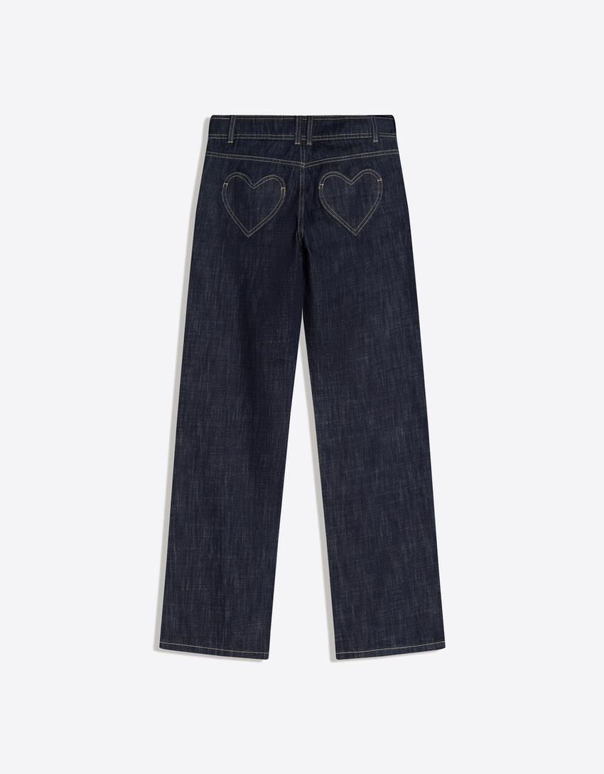 İşlemeli düşük bel baggy fit jean-Denizci mavisi