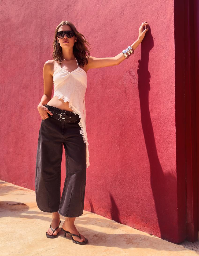 Rustic strappy top with asymmetric hem-Cream-0