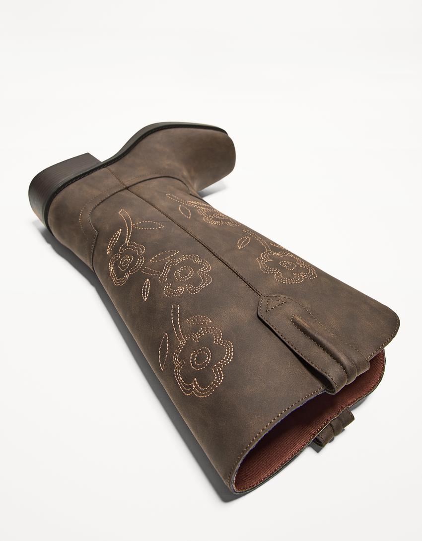Bottes plates cowboy broderies-Marron-2