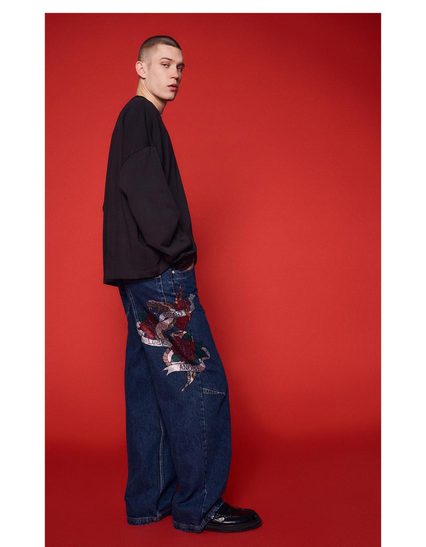Tattoo rhinestone boyfriend jeans-Blue-3