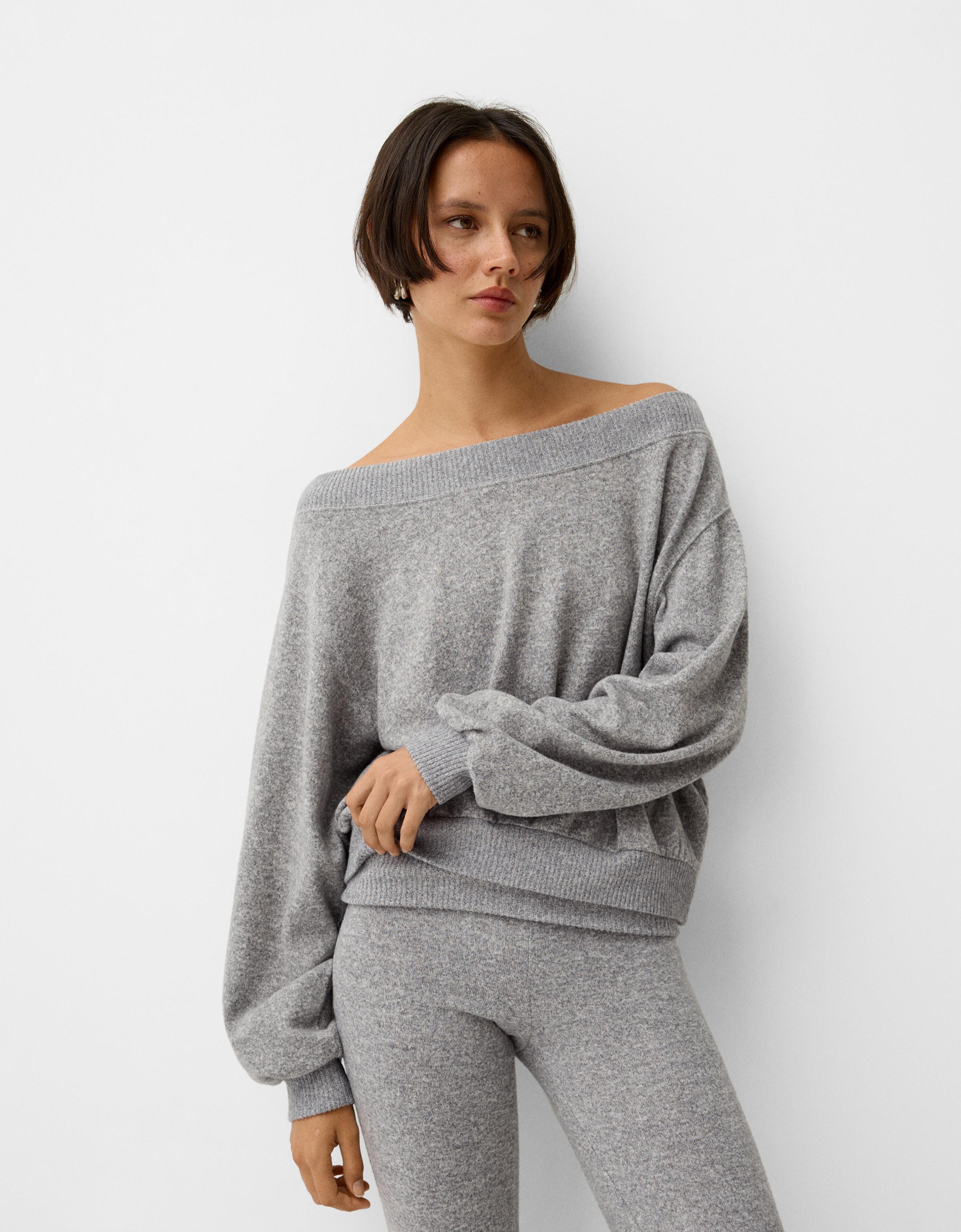 Bershka Asymmetrischer Soft-Touch-Pullover Damen Xs Grau