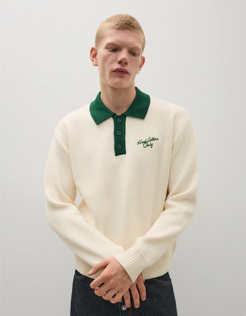 Contrast embroidered polo collar sweater-Off white