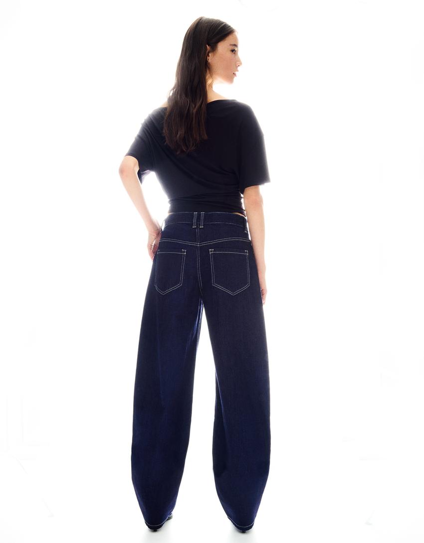 Vrećaste traperice barrel kroja niskog struka-Mornarska plava